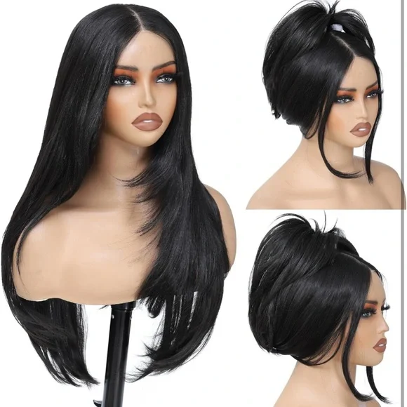 26” Black Wear and Go Glueless Wig with BangsLace Front Wigs for Women NEW